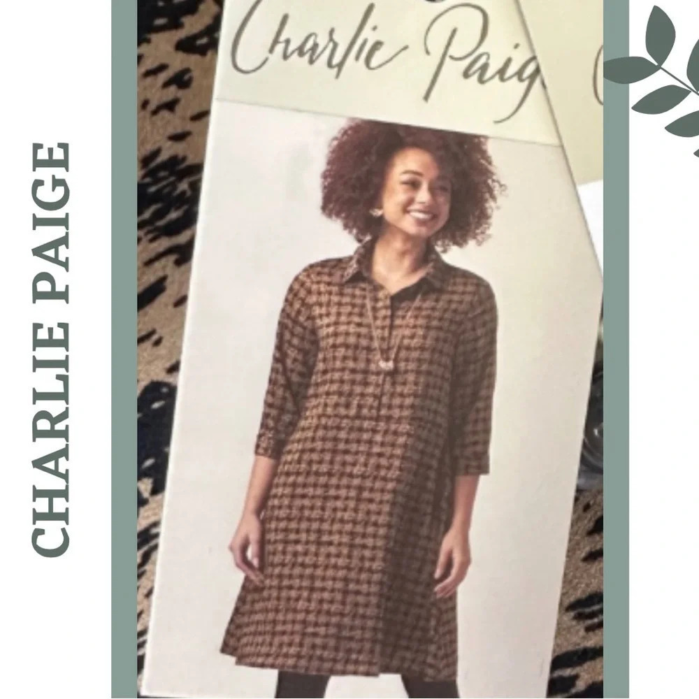 Charlie Paige Tunic Style Fall Dress Print 3-4 Sleeve Black Brown Size Small